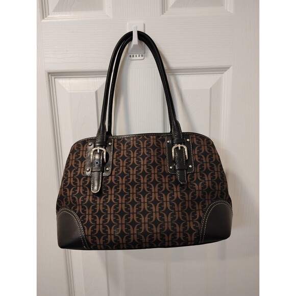 FOSSIL Signature Jacquard‎ Black Brown Leather Trim Satchel Purse - Picture 1 of 6
